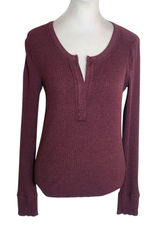 Aerie Burgundy Ribbed Knit Fitted Henley Top Size Small Photo 0