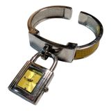 Vtg Y2K Silver Metal Yellow Faux Leather Cuff Bracelet Dangling Padlock Watch Photo 0