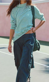 NWOT Free People FP Movement Restoration Yarn Dye Stripe Layer - Green Glow - L Photo 0