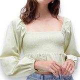 LA Hearts Green Cotton Smocked Ruffle Long Sleeve Babydoll‎ Crop Top Small Photo 0