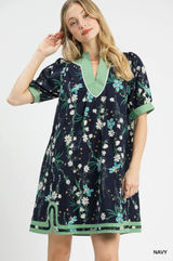 Umgee Floral Puff Sleeve Dress with Contrast Trim - Navy - Small Photo 0