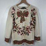 Vtg. 80s Curio & Company Hand‎ Knit Christmas Sweater Bow Garland Metallic Ramie Photo 0