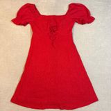 Red Puff Sleeve Mini Dress Size Large NWT Square Neck‎ Lace Up Ruched Boho Photo 0