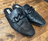 STEVE MADDEN Black Leather w/ Chain Detail Slip-On Loafers Mules Flats Size 10 Photo 0