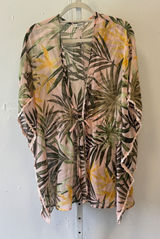 Francescas Tropical Palm Leaf Sheer Swim Cover Up Pink Green Small Crochet Trim Photo 0