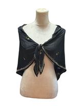 Black Embroidered Sheer Scarf Evening Wrap Shawl Gold & White Beaded Detailing Photo 0
