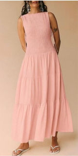 Free People Free-est Sterling Smocked Tiered‎ Maxi Dress Chalk Pink Large Photo 0