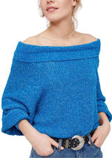 Free People Edessa‎ Off the Shoulder Blue Pullover Balloon Sleeve Knit Sweater M Photo 0