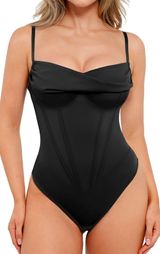 Popilush Corset Bodysuit for Women Tummy Control Shapewear Cowl Neck Tops Thong Photo 0