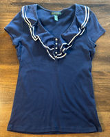 Ralph Lauren Ruffle Top Med Sailor Navy Striped Cotton Nautical Preppy Coastal Photo 0