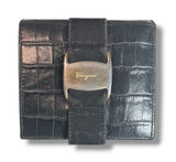 Ferragamo Vintage Vara Bow Wallet Croc Embossed Black Leather Compact Bifold Photo 0