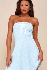Lulu's Precious Babe Light Blue Floral Ribbon Strapless Mini Dress XS NWT Photo 0