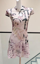 Women Anime Print Short Qipao Dress Mandarin Collar Cap Sleeve Keyhole Neck Ruffle Hem Slim Fit Photo 0