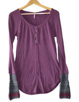 Free People Henley Thermal Women Large Purple Waffle Knit Contrast Cuff Photo 0