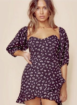 Winston White Black‎ Floral Corset Bodice Puff Off Shoulder Mini Linen Dress Photo 0