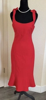 LIKELY Red Midi Dress Womens US 4 Tie Shoulder Mermaid Hem Bodycon Cocktail Photo 0