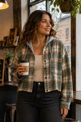 No Comment Plaid Hooded Cropped Flannel Shirt Green Gray Grunge Medium Photo 0