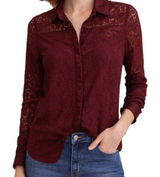 LOFT Burgundy‎ Lace Button Up Blouse XS Sheer Long Sleeve Feminine Top Photo 0