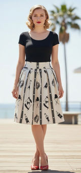 Rock Steady Cream Black Novelty Print Skirt Rockabilly Pinup XL Photo 0