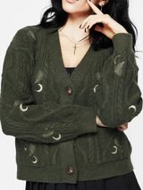 Disturbia Dianne Embroidered Cable Knit Cardigan Moon Star Fern Olive Green Knit Photo 0