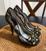 Lulu Townsend Womens Black‎ Lace Crystal Embellished Peep Toe pump size 8 Photo 0