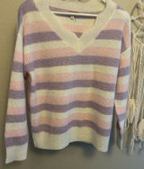 Andrée Women's V-Neck Sweater - Purple, Pink, and Cream Stripes Photo 0