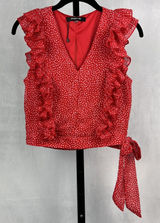 Sugar+Lips Top Womens Small Red Polka Dot Ruffle Crop Zip Up Tie Waist Blouse Photo 0