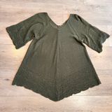 Olive Green Pointelle Knit‎ Poncho Top V-Neck Handkerchief Hem Bohemian Medium M Photo 0