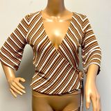 NWOT Socialite Brown & White Wrap Top diagonal stripes size S Photo 0