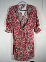 Elings Women’s XL Pink Boho Paisley Print V Neck Mini Dress Photo 0