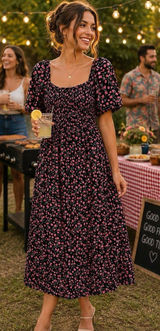 BTFBM Floral Smocked Cottagecore Maxi Dress Puff Sleeve Black Pink Large Photo 0