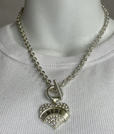 Bebe Necklace Glass Crystal Rhinestone Cast Silver Tone Chunky Heart Pendant 16” Photo 0