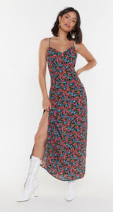 NastyGal Maxi Dress 2 Black Red Floral Open Cowl Back Side Slit Dark Romance Photo 0