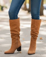 Tan Faux Suede Slouchy Pointed Toe Block Heel Tall Boots Size 10 Photo 0
