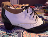Block Heel Shoes Womens 38 Black White Lace Up Wingtip Oxford Retro Rockabilly Photo 0