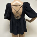 NWOT Asos Design Black Puff Sleeve Gauzy Top with Criss Cross tie on open back Photo 0
