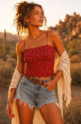 Free People Poppy Tube Top NWT Red Floral Strapless Smocked Removable Straps Lg Photo 0