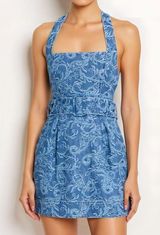 ELLIATT Rhythem Floral Embroidery Belted Denim Mini Dress, Blue, XS Photo 0