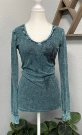 American Age Blue Green Long Sleeve Henley Top Fleur De Lis Y2k Grunge Fairy Alt Photo 0