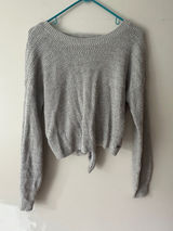 Hollister Women Gray Open Back Tie Knot Cropped Sweater XS Long Sleeve Textured Photo 0