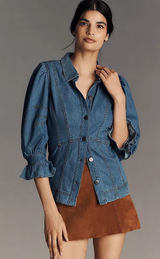 By Anthropologie Puff-Sleeve Denim Buttondown Shirt Size Small Photo 0