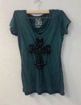 Velvet Stone Women S Rhinestone Cross V-Neck T-Shirt Rocker Gothic USA Photo 0