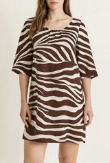 Boden 100% Linen Mini Shift‎ Dress Size 2 Brown Zebra Animal Print Safari Photo 0