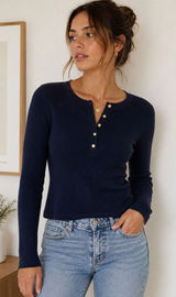 Abercrombie & Fitch Ribbed Henley Top Navy Long Sleeve Size M Photo 0