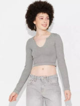 Wild Fable Womens Seamless Long Sleeve Notched Neck Ribbed Crop Top Gray S Photo 0