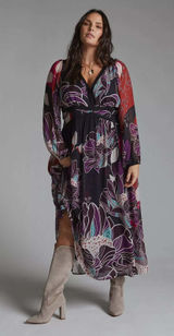 Anthropologie Let Me Be Floral Midi Dress XL Black Floral V-Neck Long Sleeve Photo 0