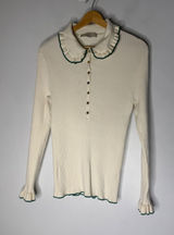 LOFT Womens XL Ribbed Knit Ruffle Peter Pan Collar Button Sweater Cream Green Photo 0