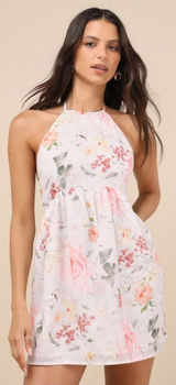 Lulus Alwynn Ivory Floral Halter Mini Dress Size XS Vacation Sleeveless Party Photo 0