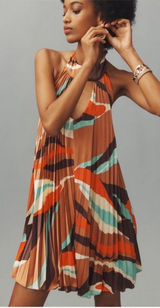 Anthropologie Hutch Halter‎ Pleated Swing Mini Dress Orange Blue Brown M NWT Photo 0