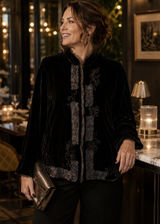 Chicos Black Silk Blend Velvet Beaded Lace Jacket Mandarin Collar Size 2‎ Photo 0